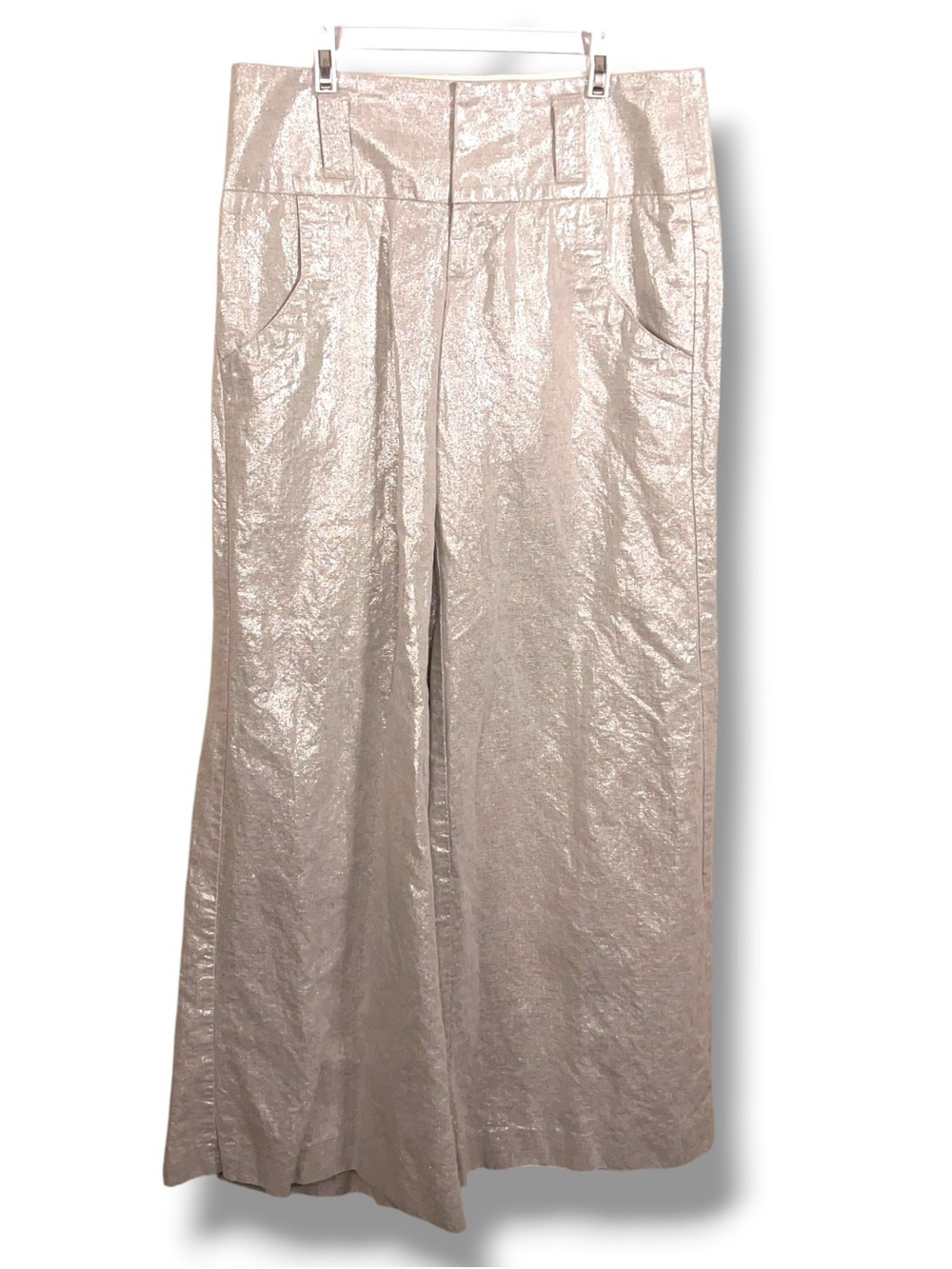 Size 4 Billy Blues Beige Shimmer Linen Blend Wide Leg Pants Glam